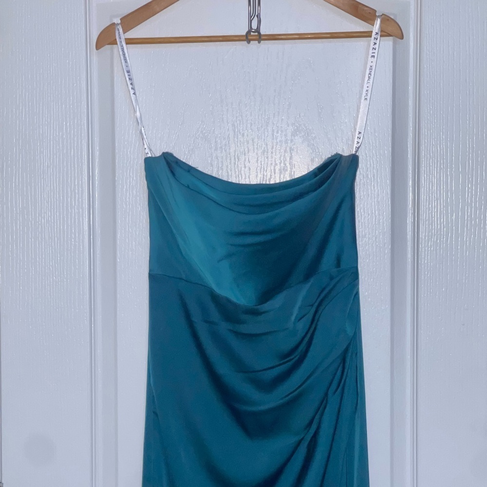 Azazie Darria Stretch Pine Green Sheath Square Neckline Pleated Stretch Gown A4 - Picture 10 of 15